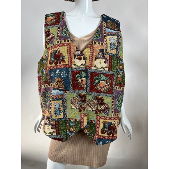 Westbound Vintage Plus Sized Holiday Christmas Vest  1X Green  Patchwork Tapestr - Picture 12 of 16